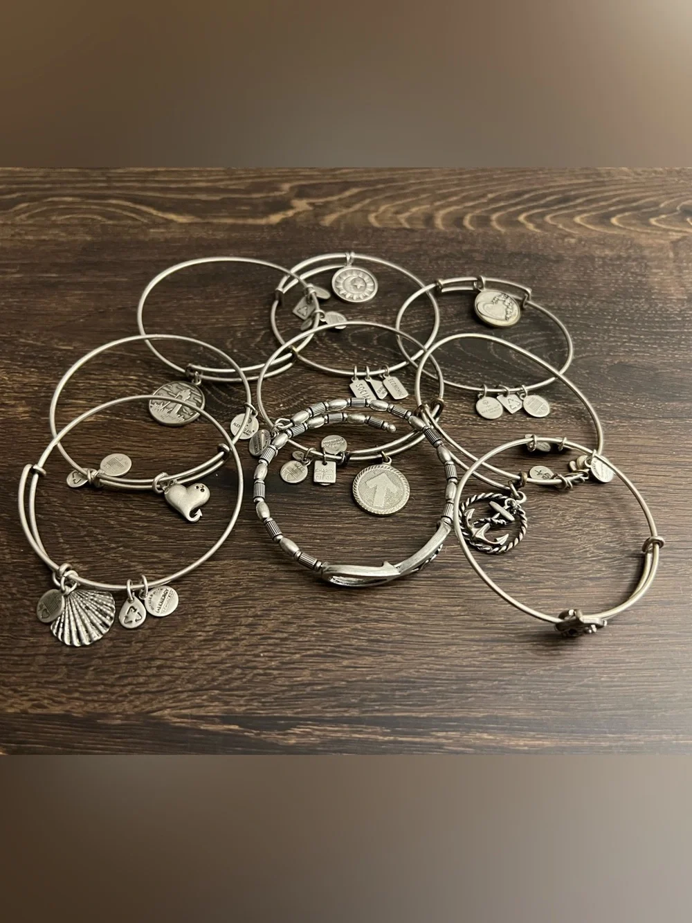 Alex and Ani Silver Tone Stackable Charm Bangle Bracelets Set of 9